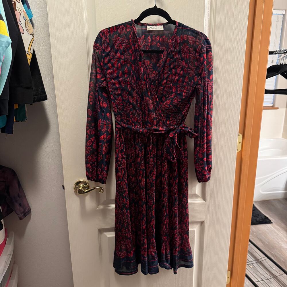 VTG Hal Ferman Navy with Red Floral Pattern Pleated Dress